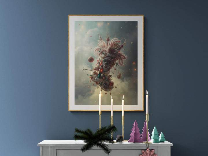 Ethereal fantasy wall art featuring a celestial Christmas stocking adorned with ornaments, feathers, and lights, suspended among misty clouds — a whimsical holiday décor piece perfect for winter art lovers.