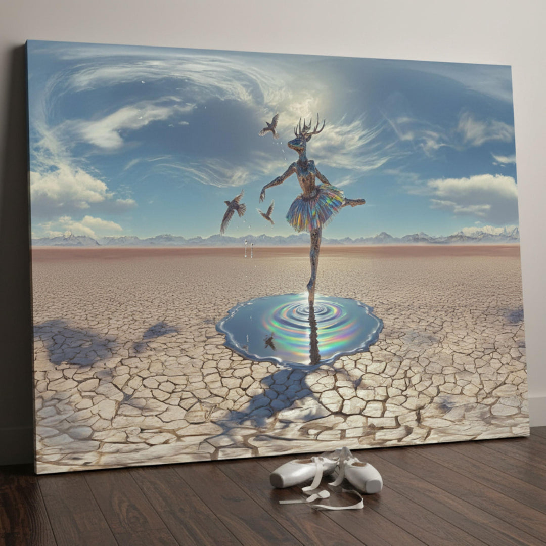 Horizontal deer ballerina canvas wall art, surreal fantasy dance print with dreamlike details.