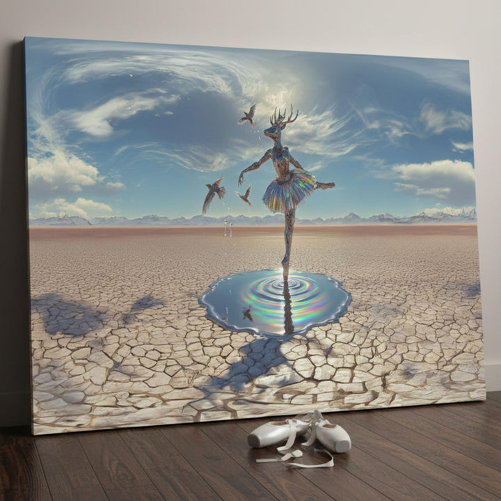 Horizontal deer ballerina canvas wall art, surreal fantasy dance print with dreamlike details.