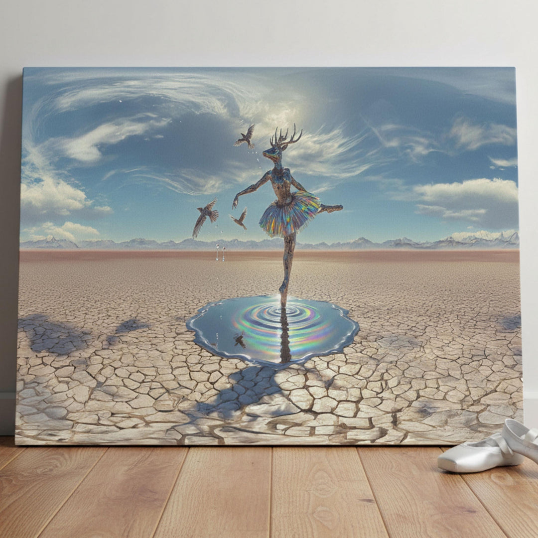 Horizontal deer ballerina canvas wall art, surreal fantasy dance print with dreamlike details.