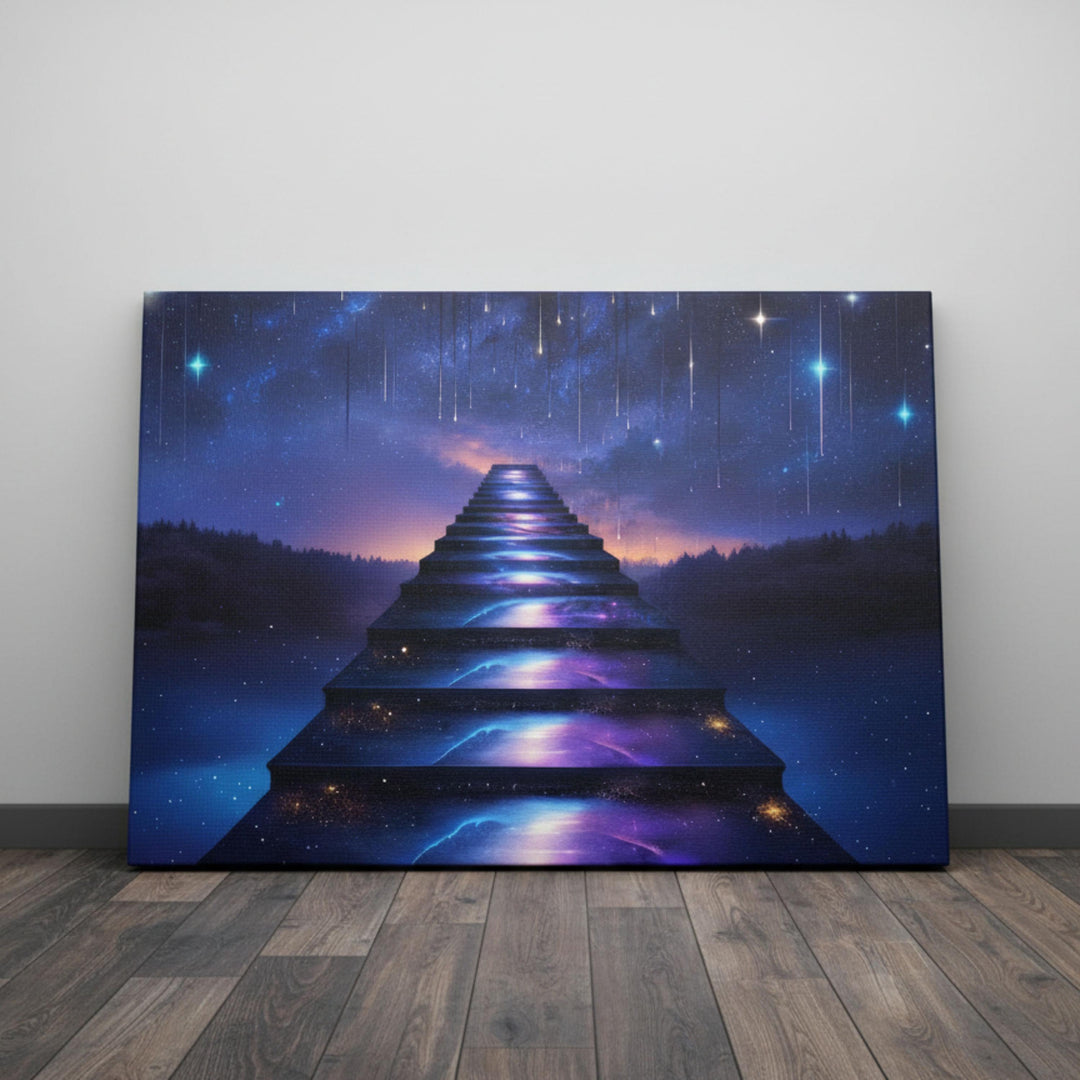 Fantasy wall art of mystical stairway ascending into galaxy, dreamy celestial night scene.