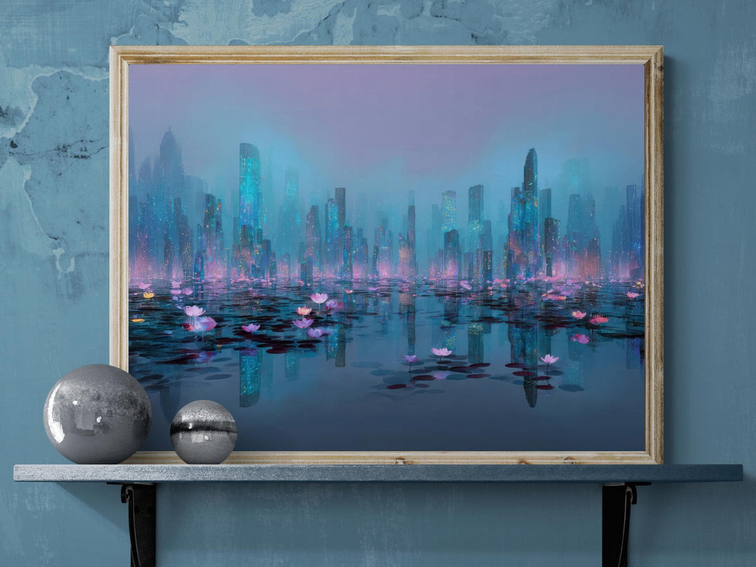 Ethereal digital fantasy art depicting a futuristic cityscape rising from calm reflective waters filled with glowing lotus flowers under a misty violet sky — perfect for modern, dreamlike, or surreal home decor.
