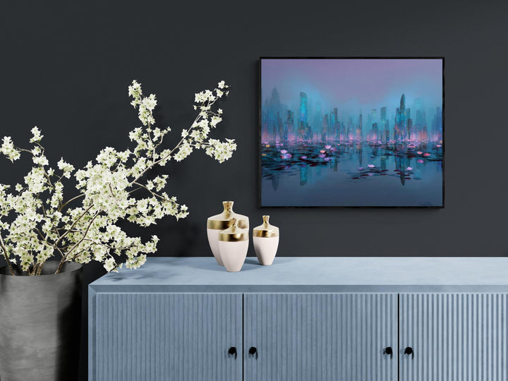 Ethereal digital fantasy art depicting a futuristic cityscape rising from calm reflective waters filled with glowing lotus flowers under a misty violet sky — perfect for modern, dreamlike, or surreal home decor.