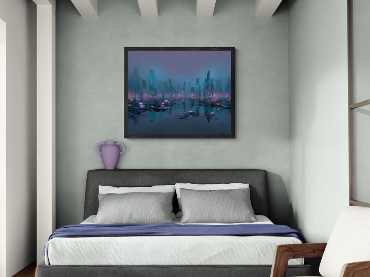 Surreal fantasy artwork featuring glowing skyscrapers and luminous water lilies floating in tranquil mist.