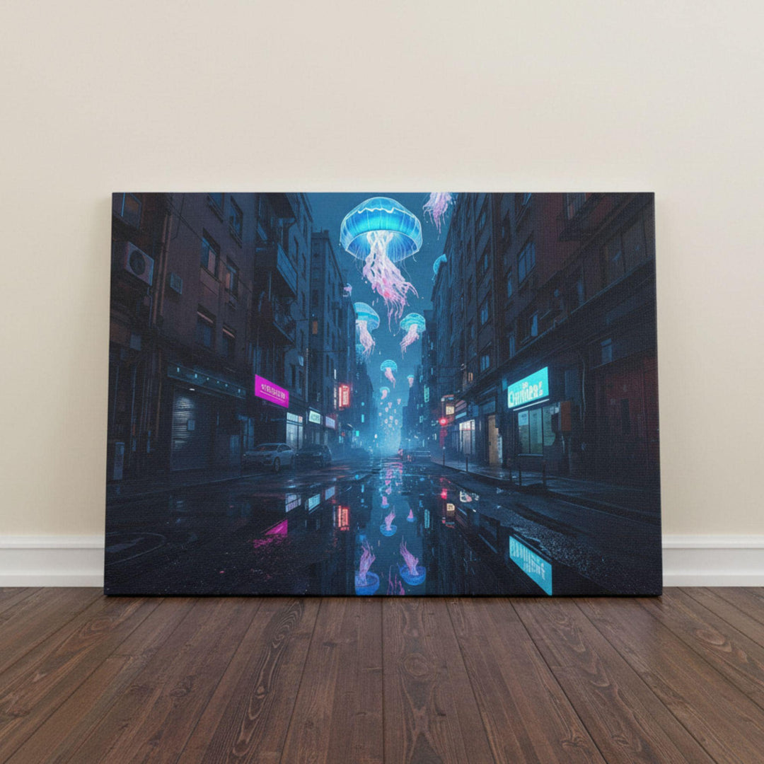 A surreal cyberpunk-inspired nighttime street scene featuring tall buildings, neon shop signs, and glowing bioluminescent jellyfish floating through the sky. Their blue and pink light reflects in the rain-soaked pavement, creating a futuristic dreamlike atmosphere perfect for wall décor.