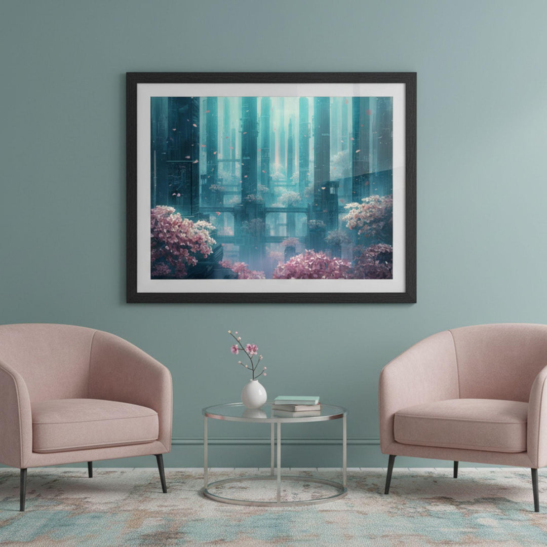 A dreamy futuristic city filled with tall glowing teal structures, misty atmospheric light, and lush cherry blossom trees. Pink petals float through the air between platforms and walkways, creating a peaceful cyber-fantasy landscape blending nature and technology.