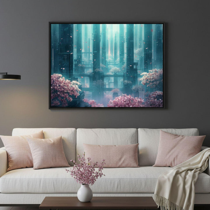 Futuristic teal city with cherry blossoms and floating petals.