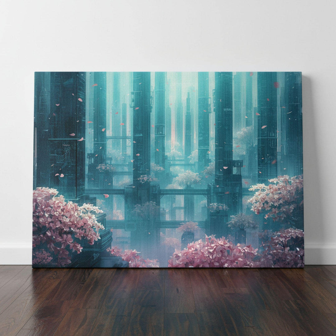 A dreamy futuristic city filled with tall glowing teal structures, misty atmospheric light, and lush cherry blossom trees. Pink petals float through the air between platforms and walkways, creating a peaceful cyber-fantasy landscape blending nature and technology.