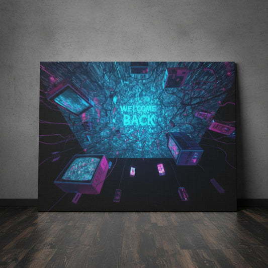 A surreal vaporwave-inspired digital artwork showing retro CRT monitors floating in a neon-lit void. Glitch lines radiate outward from a bright cyan digital blast reading “WELCOME BACK,” with cables and pink-blue lighting creating a futuristic, retro-tech atmosphere.