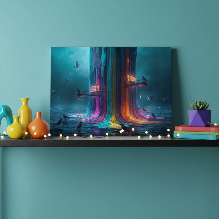 A neon rainbow skyscraper melting into colorful streams with birds and floating balconies in a surreal fantasy scene.