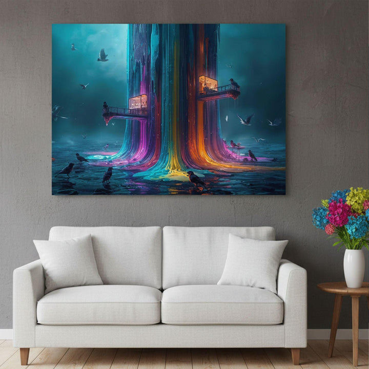 Surreal rainbow tower melting into neon water.