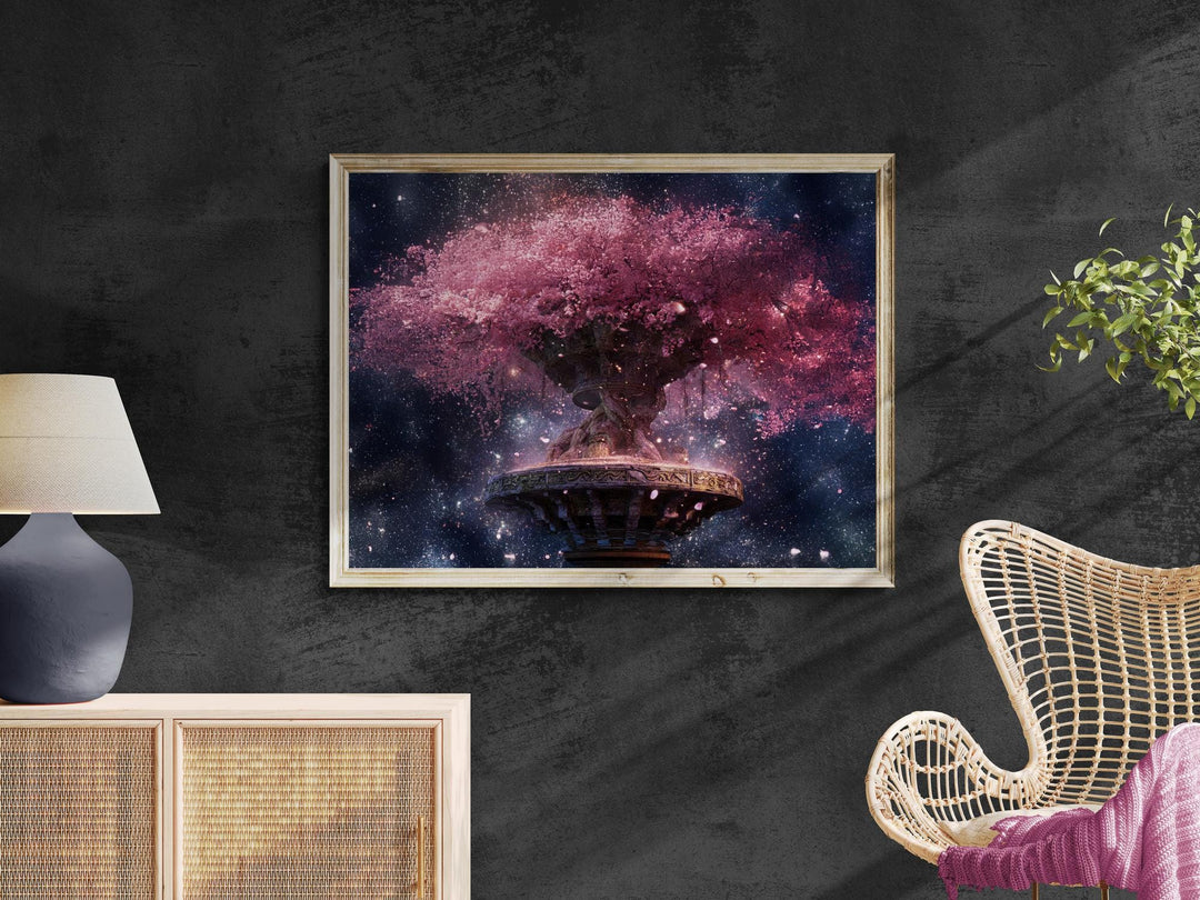 Surreal fantasy artwork of a glowing pink cherry blossom tree rising from an ornate pedestal in outer space — petals drifting through a galaxy of stars, blending nature’s beauty with celestial wonder.