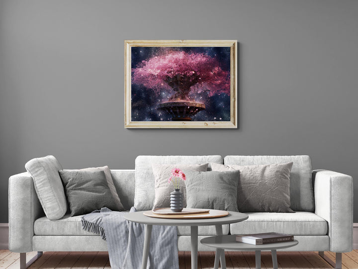 Surreal fantasy artwork of a glowing pink cherry blossom tree rising from an ornate pedestal in outer space — petals drifting through a galaxy of stars, blending nature’s beauty with celestial wonder.