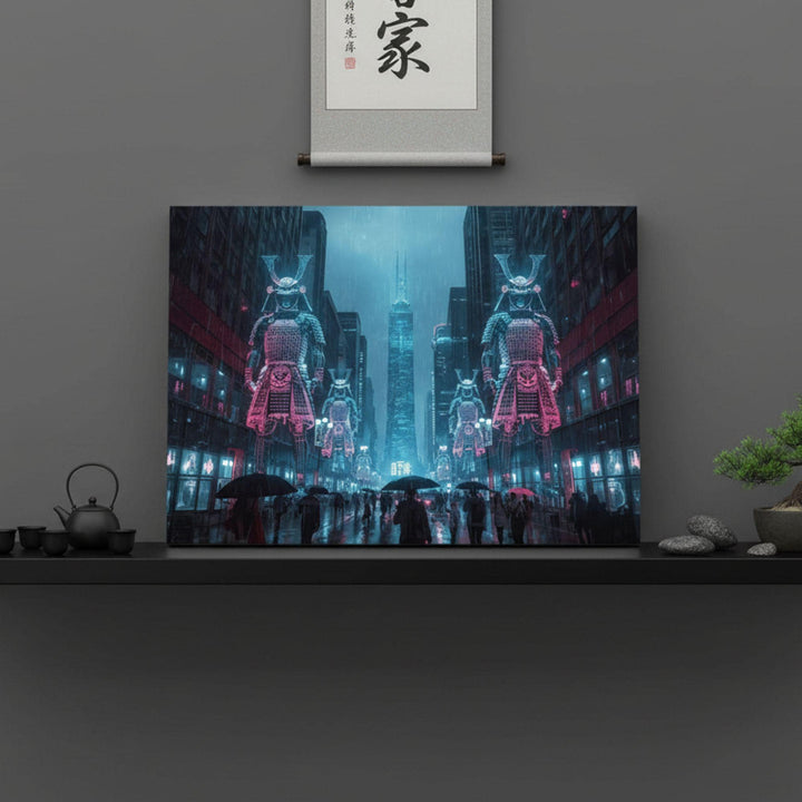 A cyberpunk cityscape with glowing holographic samurai warriors standing above the street. The scene shows rain, umbrellas, neon signs, and futuristic lighting in shades of blue and pink, creating a sci-fi dystopian atmosphere.
