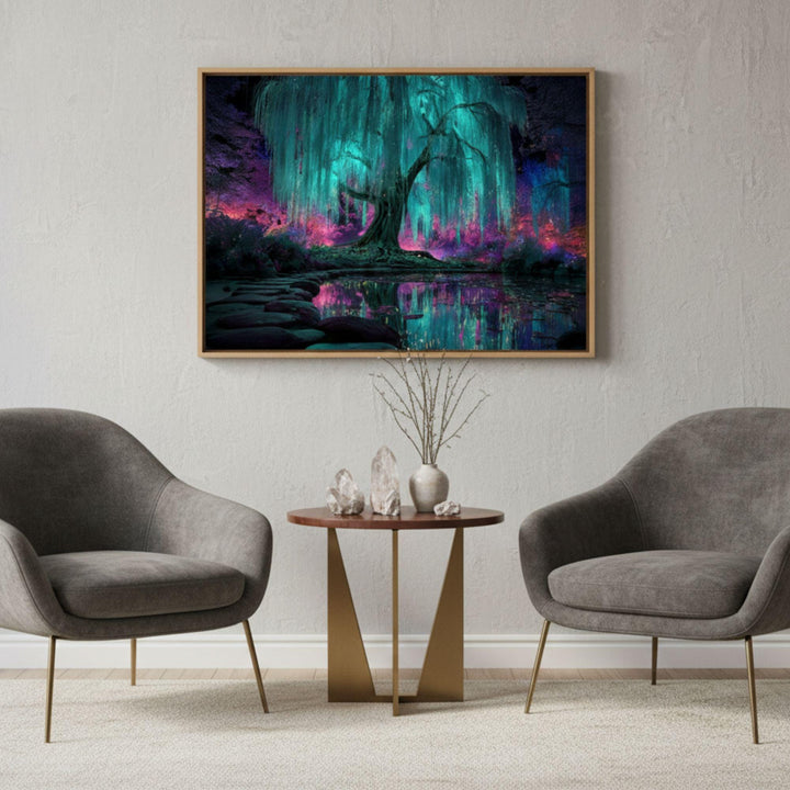 Enchanted turquoise willow tree glowing with bioluminescent light, surrounded by neon pink and blue fantasy forest foliage.