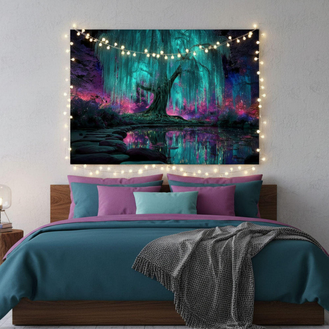 Enchanted turquoise willow tree glowing with bioluminescent light, surrounded by neon pink and blue fantasy forest foliage.