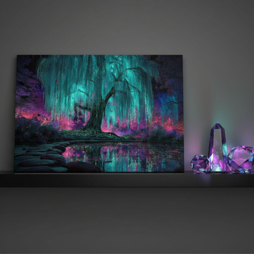A vivid fantasy scene featuring a glowing turquoise willow tree draped over a reflective pond, surrounded by neon pink, purple, and blue bioluminescent forest plants. Magical firefly-like lights sparkle throughout the surreal dreamscape.