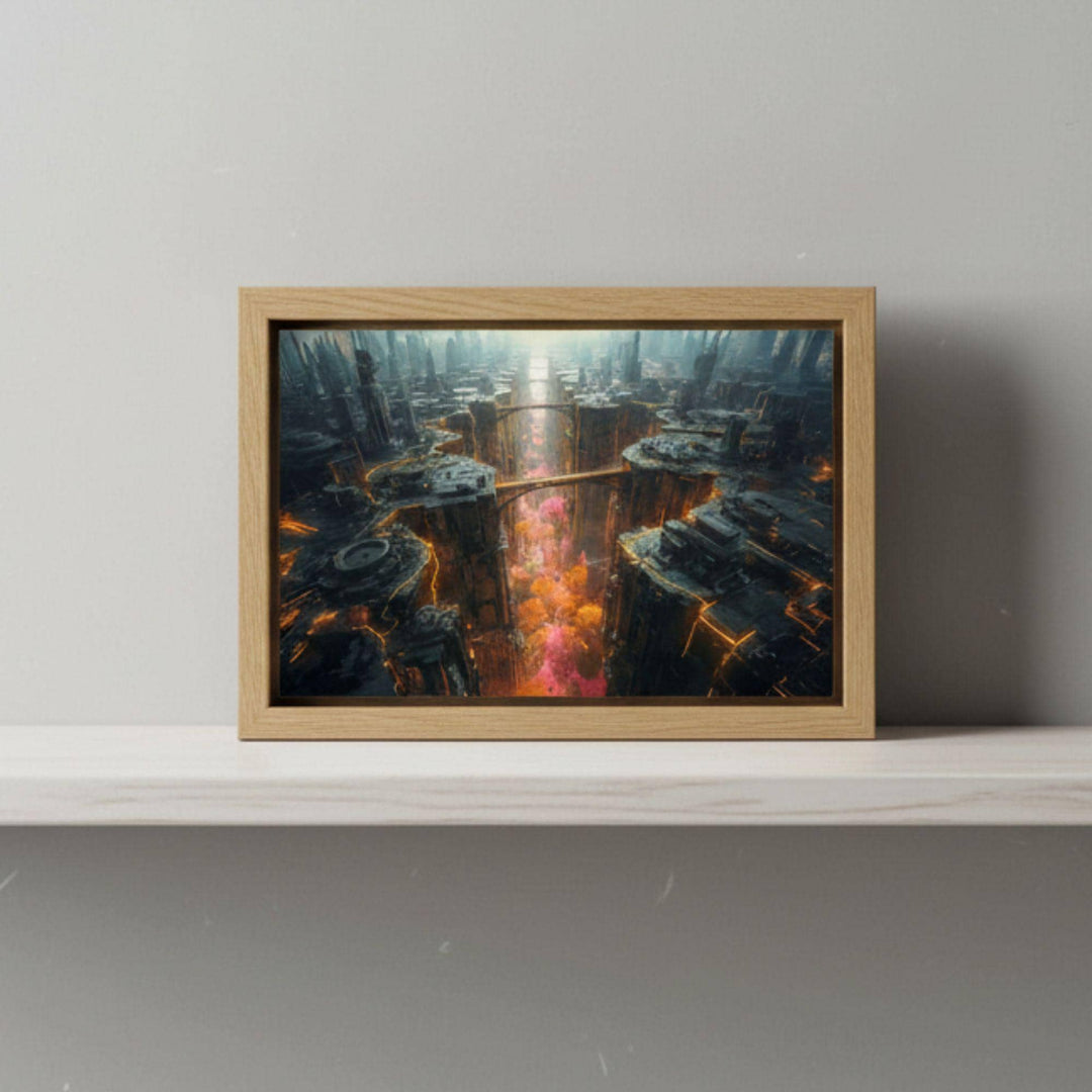 A wide cinematic cyberpunk cityscape showing massive metallic megastructures glowing with orange neon lights, with skybridges stretching across a deep canyon filled with vibrant pink forest foliage. Mist and depth create a futuristic, surreal atmosphere.