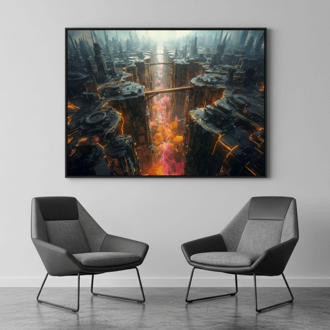 A futuristic cyberpunk cityscape featuring towering neon buildings above a glowing canyon of pink and orange forests.