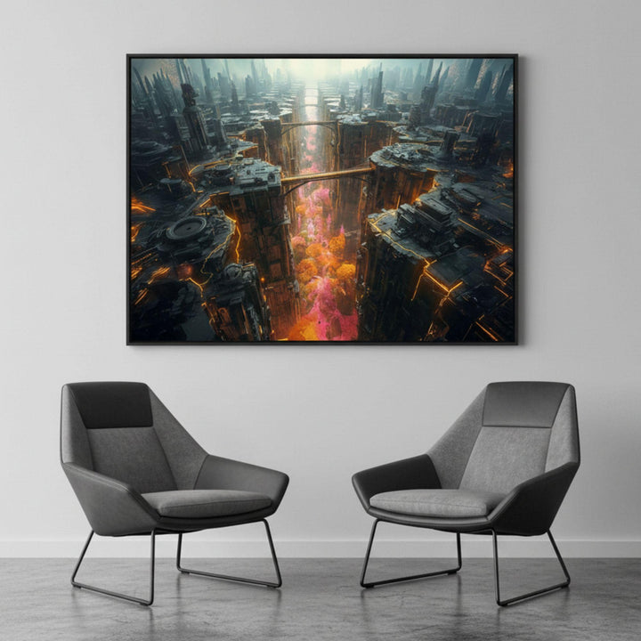 A futuristic cyberpunk cityscape featuring towering neon buildings above a glowing canyon of pink and orange forests.