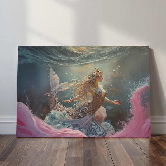 “Highly detailed fantasy artwork of a mermaid queen with long flowing blonde hair, a glittering gemstone-covered tail, and an ornate crown, swimming gracefully in an underwater scene with glowing light, swirling water, and pink ocean currents.”