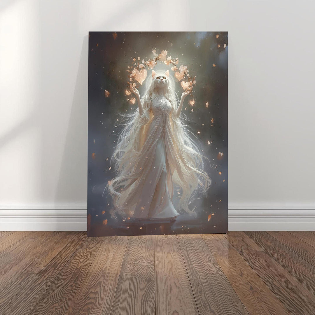 A fantasy portrait of a cat-faced goddess with long flowing white hair and an elegant gown. She is surrounded by glowing rose-gold hearts and floating petals in a soft, ethereal atmosphere, creating a magical celestial aesthetic perfect for wall décor.