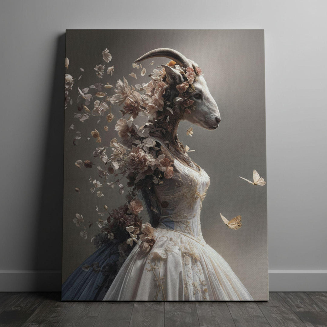 Canvas wall art print of a surreal goat-headed goddess in a flowing ballgown dissolving into wilting flowers, with petals drifting like smoke. This myth-inspired fantasy wall art blends elegance and decay in a hauntingly beautiful scene. Gallery-wrapped and ready to hang, available in 16x20 and 24x30 inches.