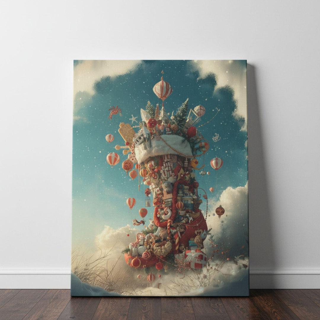 Enchanting fantasy artwork of a giant Christmas stocking stacked with gifts, candy canes, and hot-air balloons drifting in a dreamy winter sky.