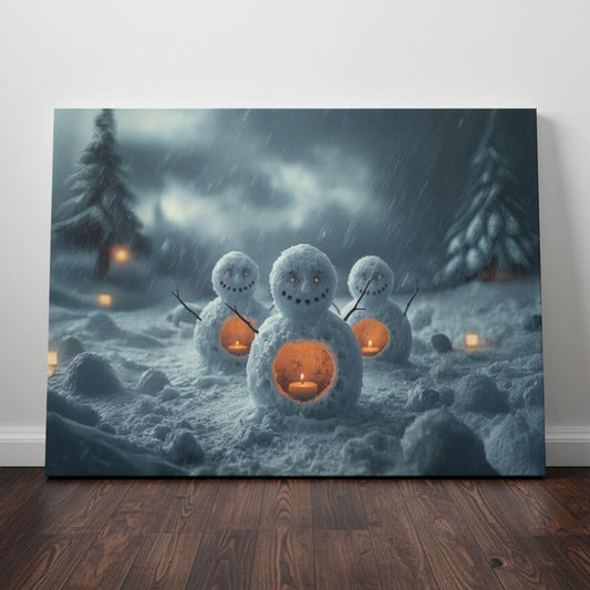 A magical winter artwork depicting three snowmen glowing from within by candlelight in a snowy forest at night, surrounded by soft falling snow and flickering lanterns — a cozy, surreal Christmas fantasy scene.