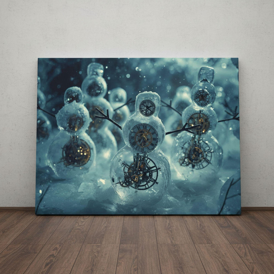 This artwork reminds us of time’s passage during the holidays—the fleeting magic of snow, light, and family traditions. The snowmen become guardians of wintertime memories.