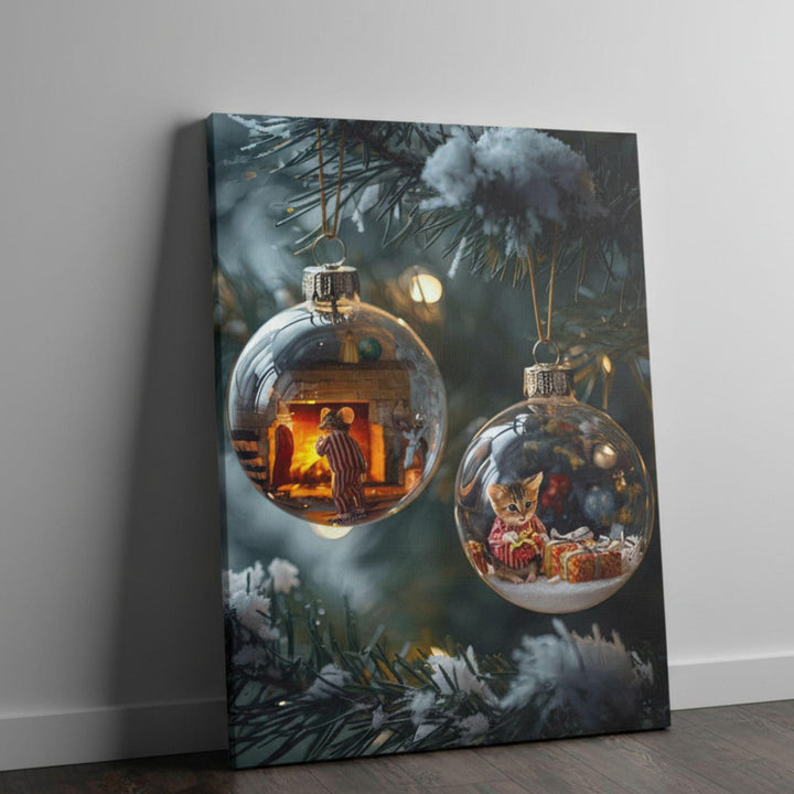 Christmas ornament artwork of a cozy fireplace mouse scene in glass bauble, warm festive lights glowing on tree.