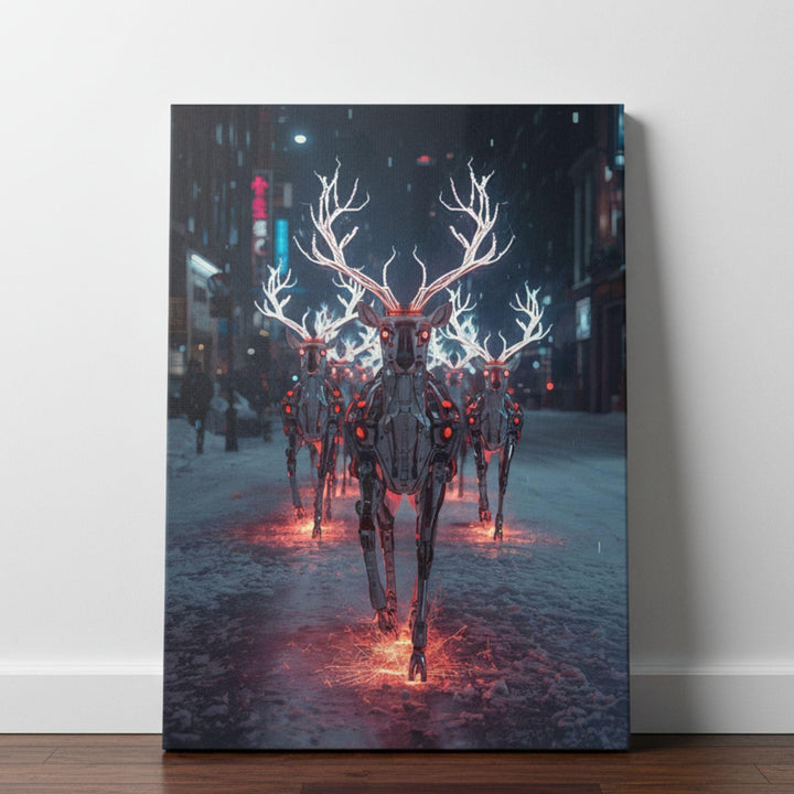Cyberpunk Christmas poster of robotic reindeer with glowing antlers in neon winter city, giclée printed on matte paper, futuristic holiday wall art.
