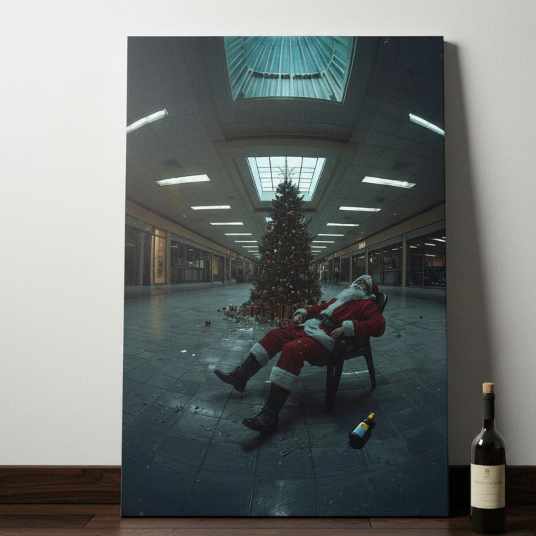 Weirdcore Santa in abandoned mall passed out in his chair drunk.