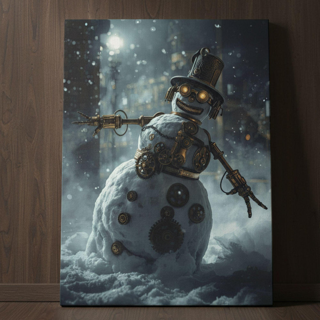 Steampunk snowman with brass goggles, gears, and clockwork details, wearing a top hat and scarf, standing in a snowy Victorian winter scene.