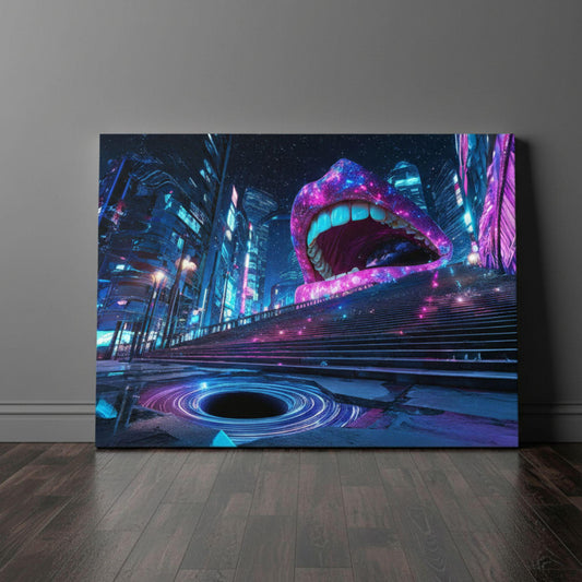 Surreal neon mouth cyberpunk print with galaxy glow—available as gallery wrapped canvas or poster. Sci-fi dreamcore wall art, perfect for weirdcore, futuristic, and trippy aesthetic decor.