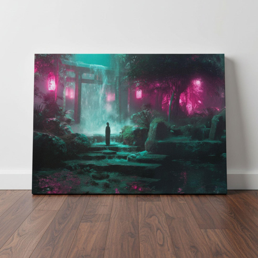 Canvas wall art of cyberpunk shrine and waterfall with pink teal neon light.