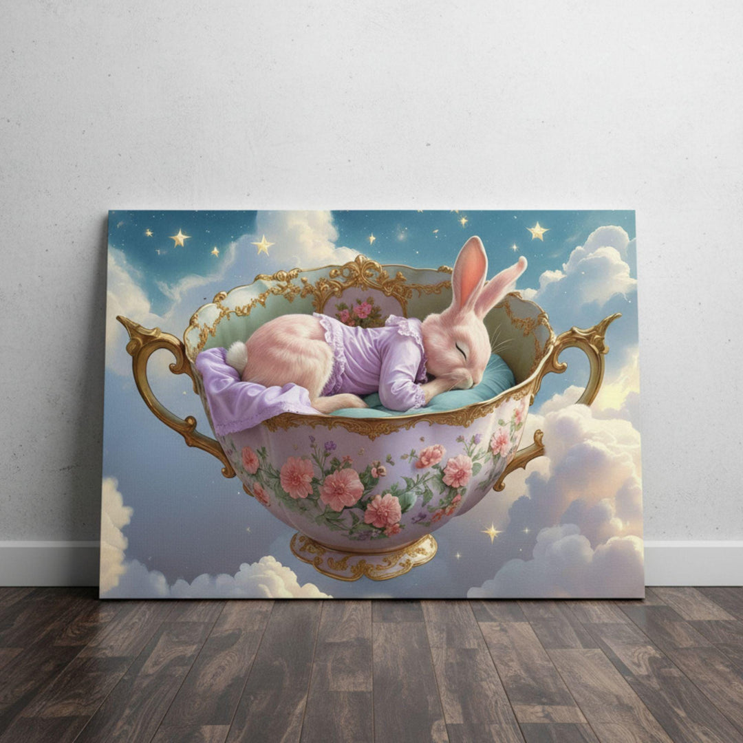 Whimsical art of pink bunny sleeping in a vintage teacup among clouds and stars.