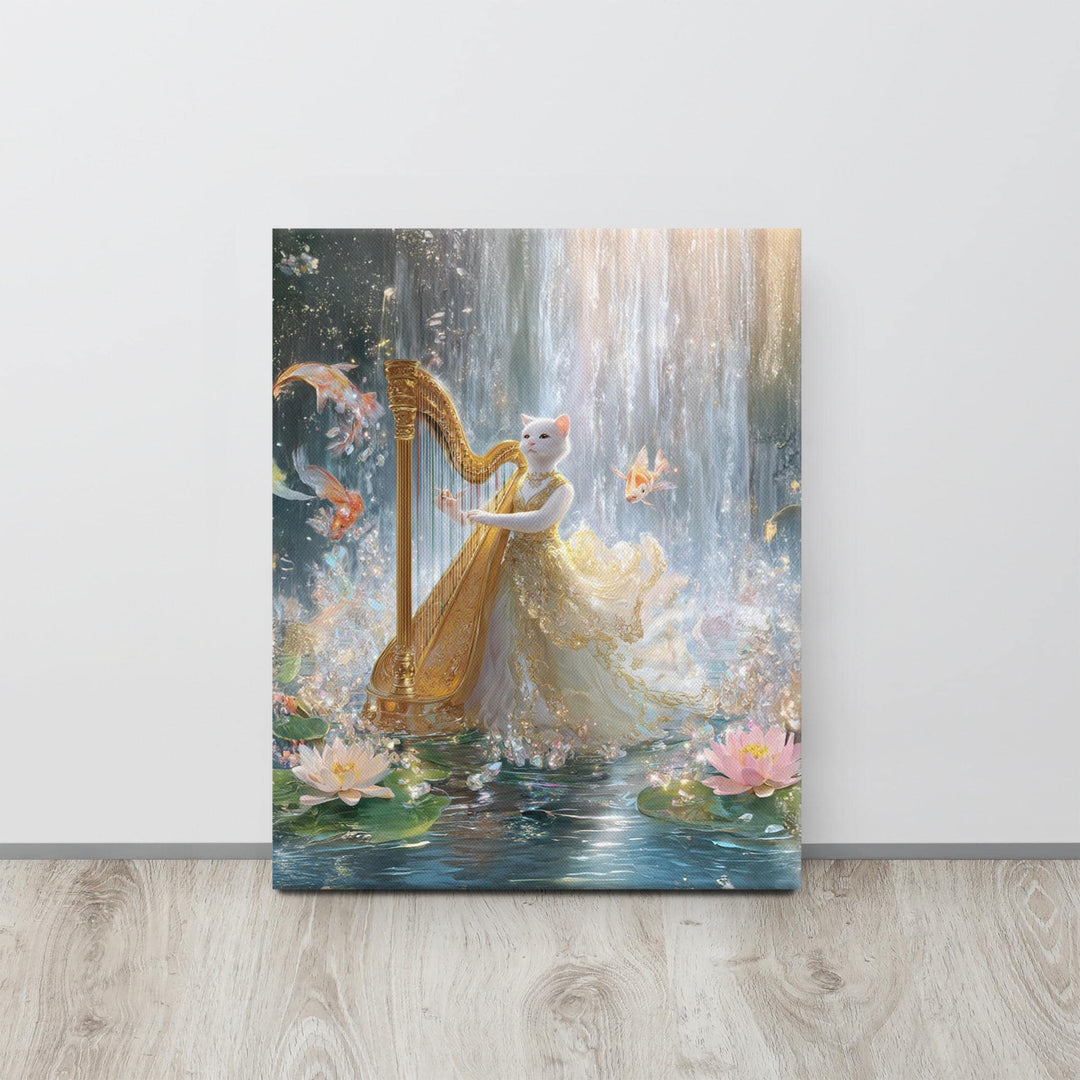 White cat goddess playing a golden harp beside a glowing waterfall