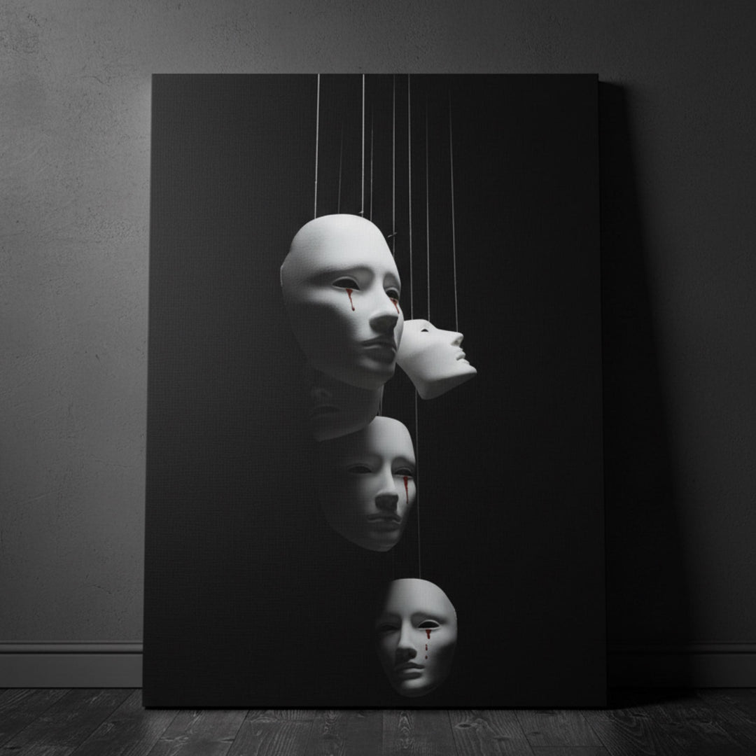 Surreal canvas of suspended white masks with red tears against black background.