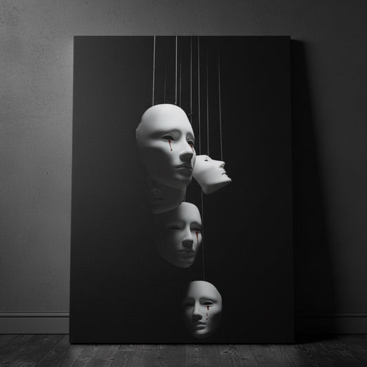 Surreal canvas of suspended white masks with red tears against black background.