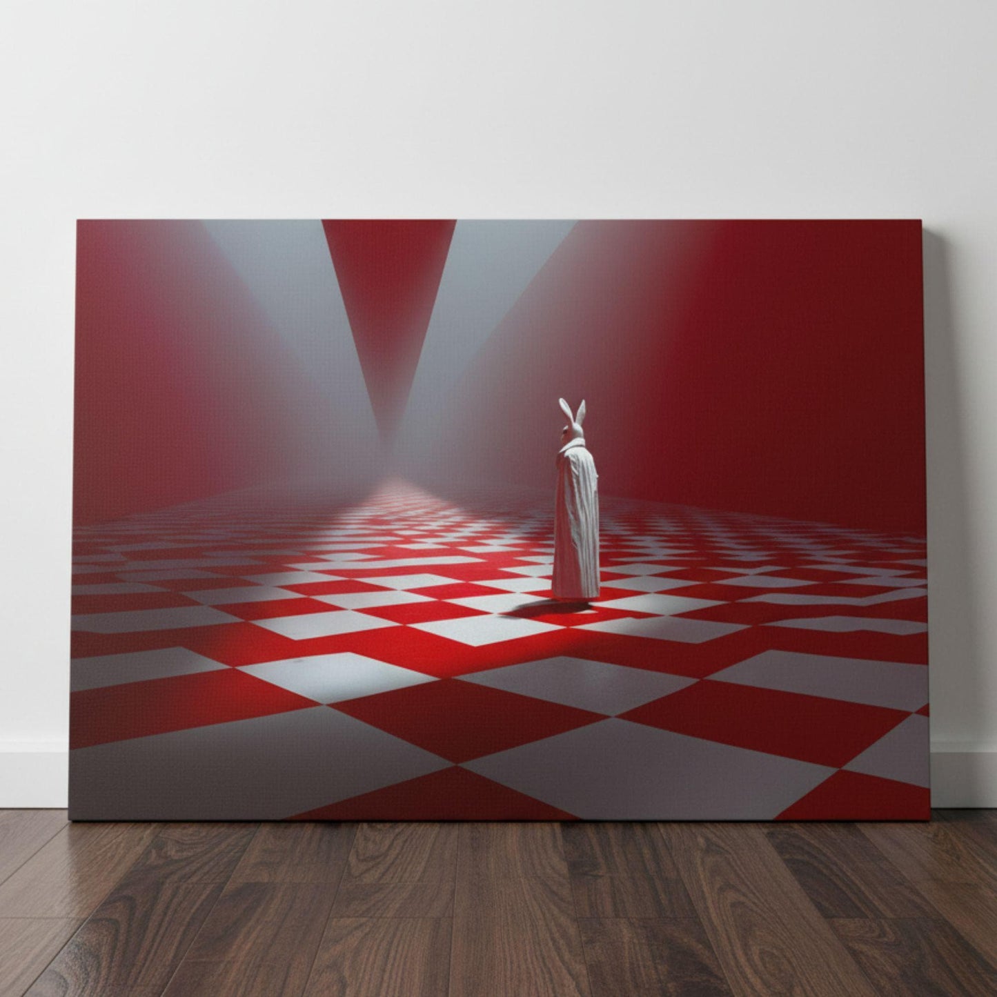 Surreal rabbit figure in white cloak standing on red and white geometric floor.