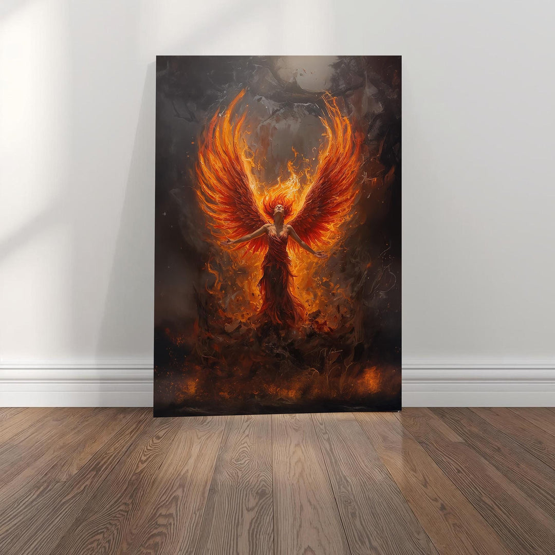 Surreal fantasy wall art of a fiery phoenix woman ascending from flames, wings ablaze in red and orange light — symbolizing strength and rebirth.
