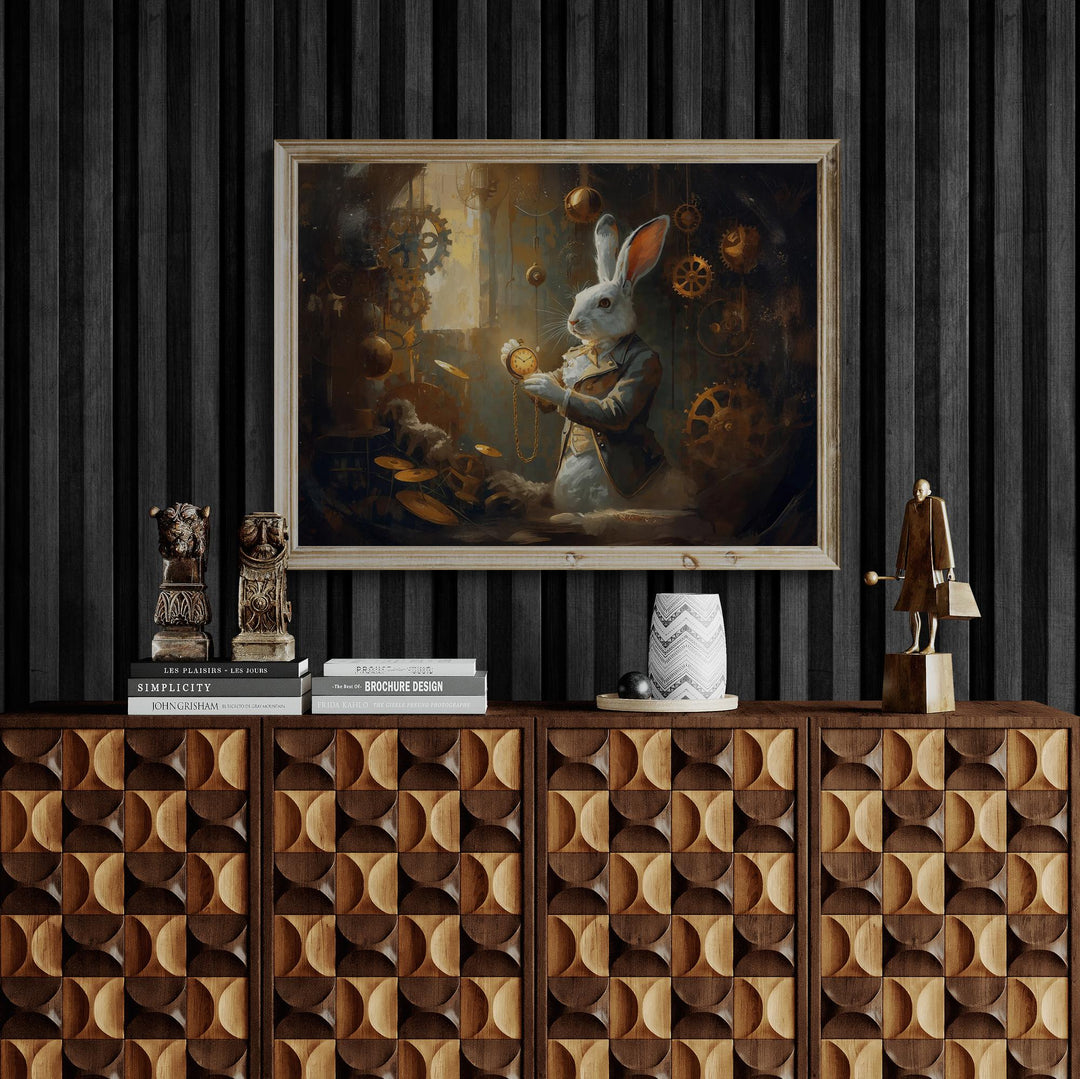 A detailed white rabbit in Victorian steampunk clothing holds a glowing pocket watch as golden gears and clock parts float around him. Warm light shines through a window, creating an atmospheric Alice in Wonderland–inspired fantasy setting.