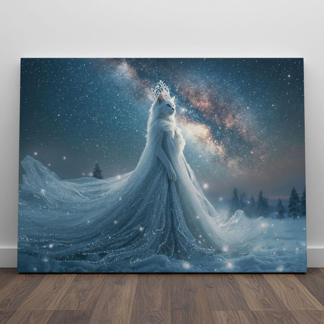 A regal anthropomorphic cat goddess stands in a snowy landscape wearing a long, shimmering winter gown that trails behind her. She is illuminated by a glowing star-filled sky and a bright galactic band stretching across the horizon. The scene is ethereal, serene, and magical, blending fantasy and celestial winter themes.