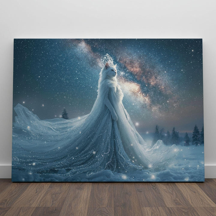 A regal anthropomorphic cat goddess stands in a snowy landscape wearing a long, shimmering winter gown that trails behind her. She is illuminated by a glowing star-filled sky and a bright galactic band stretching across the horizon. The scene is ethereal, serene, and magical, blending fantasy and celestial winter themes.