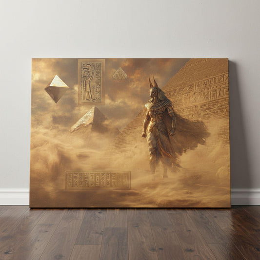 Canvas of Egyptian god , Anubis, of the afterlife with pyramids, sandstorm, and hieroglyphs. Epic fantasy wall art for myth and history lovers.