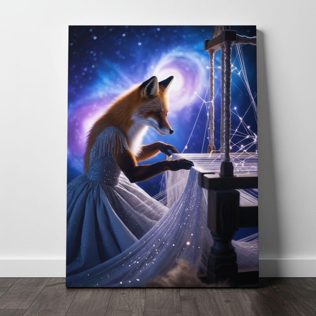 A graceful anthropomorphic fox dressed in a glittering twilight-blue gown sits at a wooden cosmic loom, weaving luminous starlight strands into fabric. Behind her spins a vibrant galaxy of purples and blues, creating a magical, celestial, cosmic fantasy scene filled with wonder and luminous detail.