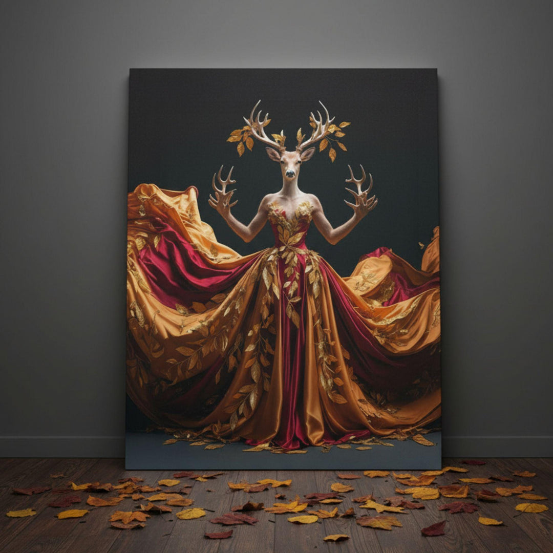 A majestic anthropomorphic deer goddess stands gracefully with multiple antlers adorned with golden leaves. She wears a flowing red and gold gown decorated with embroidered leaves that spread outward in sweeping, dramatic folds. The scene blends elegance, fantasy, and autumnal themes with rich warm tones.