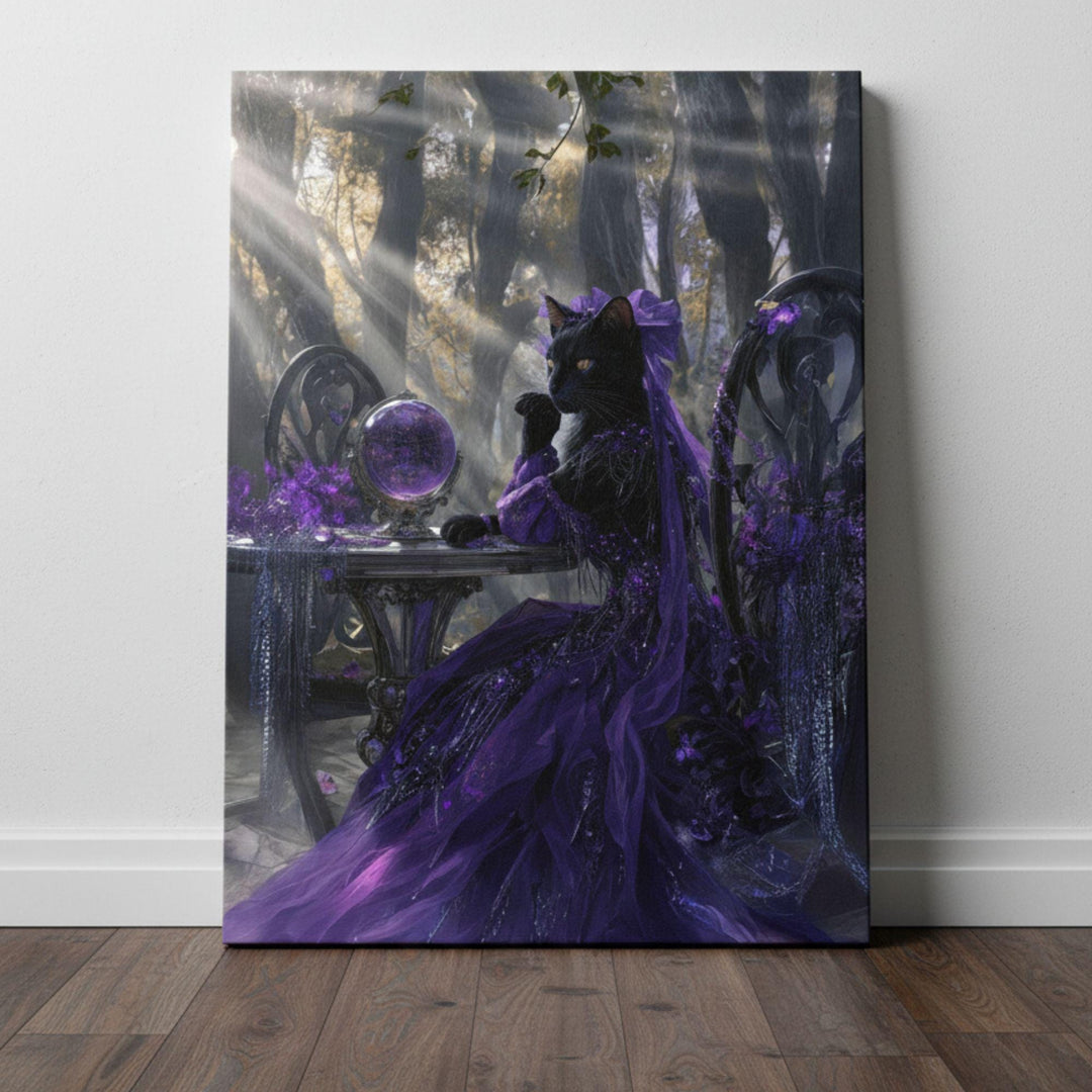A regal anthropomorphic black cat dressed in an elaborate deep purple gown sits at an ornate table in an enchanted forest. Soft beams of golden sunlight filter through twisted trees as she studies a glowing purple crystal ball. The scene blends gothic elegance, witchcore symbolism, and magical fantasy atmosphere.