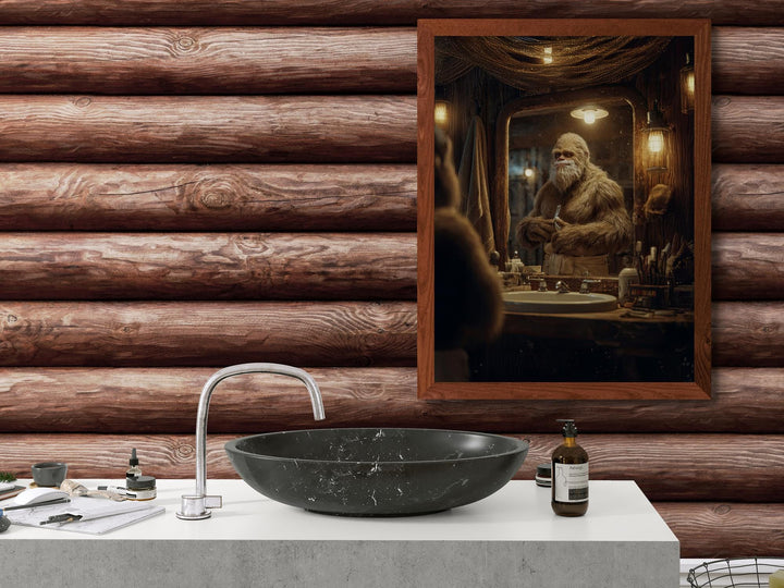 A humorous scene of Sasquatch standing at a bathroom mirror, holding a razor in a warm, rustic cabin setting.